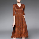 Fashion Style Embroidered Gauze Sleeve Solid Color Pleated Dress (Dark Brown)