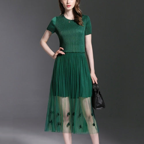 Elegant Temperament Pleated Skirt Thin Dress (Color:Dark Green Size:One Size)