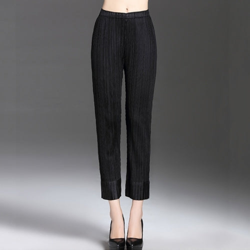 Fold Stretch Slim Nine Points Pencil Feet Leggings (Color:Black Size:One size)