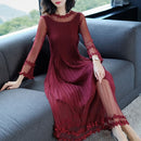 Temperament Lace Embroidered Long-sleeved Dress (Color:Wine Red Size:One size)