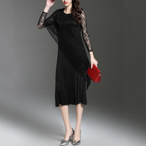 Fold Was Thin Lace Long-sleeved Bottoming Dress (Color:Black Size:One size)