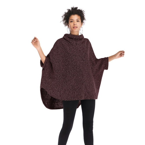 Turtleneck Irregular Cape Coat Bat Sleeve Sweater (Color:Wine Red Size:One Size)