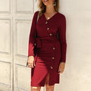 V-neck Long Sleeve Knitted Dress (Color:Wine Red Size:XL)