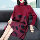 Polka Dot Long-sleeved High-necked Fashion Temperament Loose A-line Dress (Color:Wine Red Size:One Size)