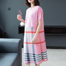 England Grid Printing Cover Belly Loose A-line Dress (Color:Pink Size:One Size)