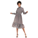 Turtleneck Chiffon Plaid Skirt Dress (Color:Red Size:XL)