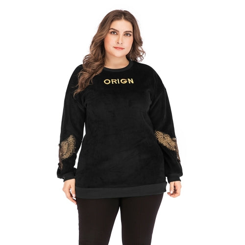 Plus Size Women Embroidered Round Neck Long Sleeve Pullover (Color:Black Size:XL)