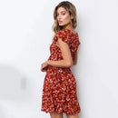 Fake Beach Dress V-neck Design Tropical Print Dress (Color:Red Size:S)