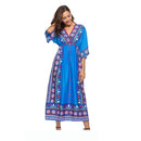 Bohemian National Wind Retro Print Dress (Color:Blue Size:S)