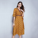 Ribbon Stitching Temperament Lotus Sleeve V-neck Dress Printed Cardigan (Color:Yellow Size:XL)
