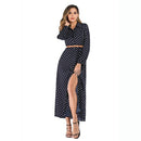 Dot In Single-breasted Collar Skirt Waist Jumpsuit (Color:Navy Blue Size:M)