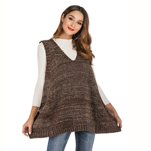 Long Section Of Loose V-neck Vest Knitted Pockets Pullover (Color:Brown Size:S)