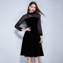 Retro Temperament Was Thin Long-sleeved Chiffon Velvet Dress (Color:Black Size:S)