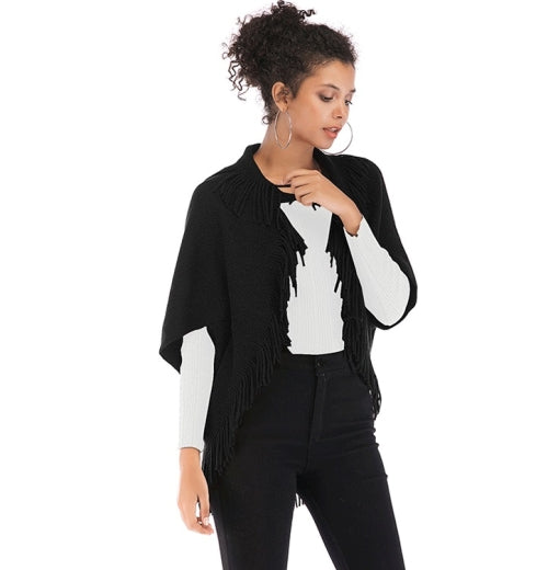 Solid Color Knitted Cardigan Loose Five-point Sleeves Shawl Coat Sweater (Color:Black Size:One Size)