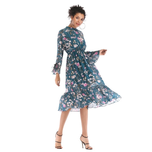 Long-sleeved Lace-up Chiffon Skirt Dress (Color:Blue Size:L)