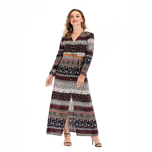 Fashion V-neck Long-sleeved Dress Retro (Color:Navy Blue Size:S)