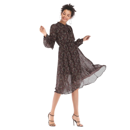 Bow Floral Chiffon Big Swing Dress (Color:Coffee Size:L)