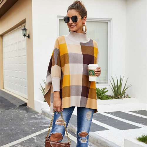 Fringed Mink Cashmere Plaid Cape Sweater Thick Sweater(Color:Light brown Size:One Size)