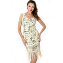 Women Tassel Sequined V-Neck Sleeveless Dress (Color:Apricot Size:One Size)