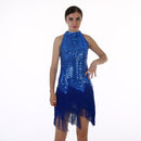 Women Tassel Adult Latin Dance Dress (Color:Blue Size:M)