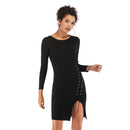 Fashion Lace-up Split Hip Skirt Dress (Color:Black Size:M)