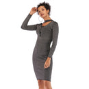 V-neck Long Sleeve Halter Lace Up Slim Dress (Color:Grey Size:M)