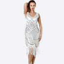 Women Vintage Tassel Sequined V-Neck Dress (Color:White Size:L)
