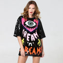 Women Love Peach Eye Clear Lettering Sequins Long Loose T-Shirt (Color:Black Size:One Size)