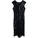 Women Tassel Sequined Round Neck Short Sleeve Gown (Black_S)