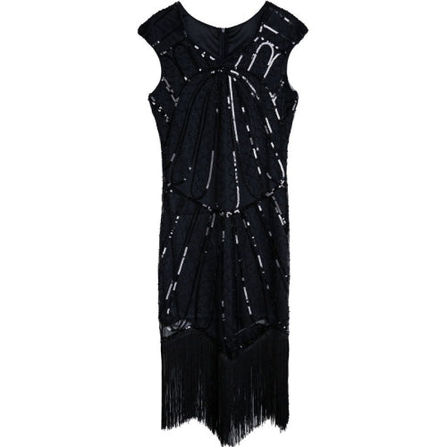 Women Tassel Sequined Round Neck Short Sleeve Gown (Black_S)