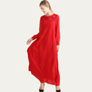 Ethnic Style Round Neck Loose Long-sleeved Dress (Color:Red Size:S)