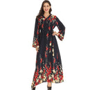 V-neck Long Sleeve Over-the-knee Print Dress(Color:As Show Size:M)