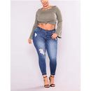 Holes Increase High Stretch Small Denim Trousers (Color:Dark Blue Size:XXL)
