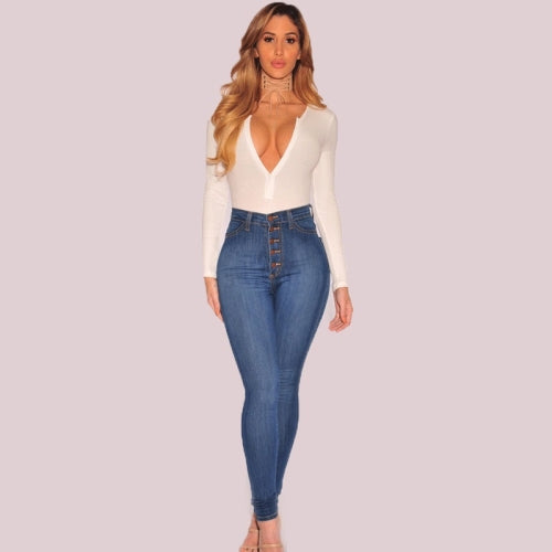 High Waist Stretch Slim Denim Pants (Color:Blue Size:S)