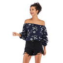 Printed Chiffon Shirt Off-Shoulder Long Sleeveless Shirt (Color:Blue Size:M)