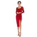 Lace Stitching Sleeve Hip Skirt Sexy Split Solid Color Pencil Dress (Red_M)