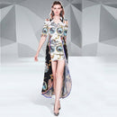 V-neck Short Sleeved Waist Fake Two Irregular Print Dress (Color:As Show Size:M)