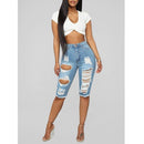 Frayed Trendy Midi Jeans (Color:Blue Size:L)