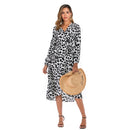 Fashion Elegant V-Neck Leopard Chiffon Dress Maxi Dress (Color:Black White Size:S)