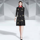 Lapel Long Sleeve Embroidered Slim Dress (Color:Black Size:XXL)