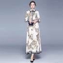 Fashion Printed Long-sleeved Dress Lapel Waist Was Thin Big Swing A-line Dress (Color:White Size:XXL)