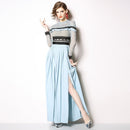 Lace-paneled Pleated Long Style Split Dress (Color:Baby Blue Size:L)