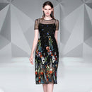 Mesh Slim Embroidered Dress (Color:Black Size:XL)