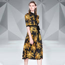 Lace-up Fashion Print Pleated Dress (Color:Black Yellow Size:XXL)