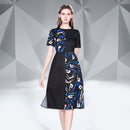 Printed Color Matching Loose Dress (Color:Black Blue Size:S)