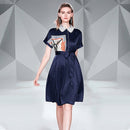 Lace-up Waist Big Swing Print Dress (Color:Dark Blue Size:M)