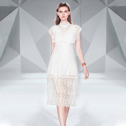 Lace Hollow Stitching Dress (Color:White Size:S)