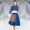 Contrast Sweater + Fashion Skirt Suit (Color:Blue Size:M)