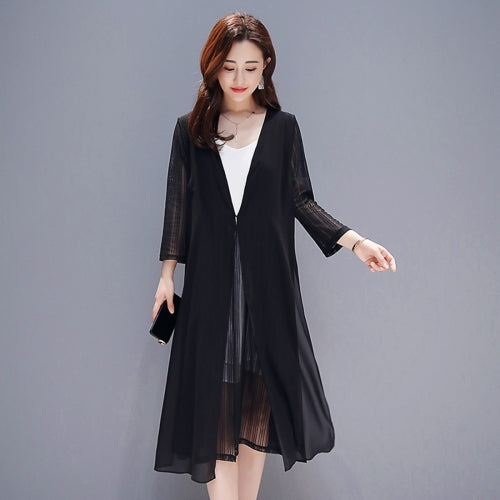 Women Mid-length Wide Loose Chiffon Sunscreen Coat (Color:Black Size:XL)