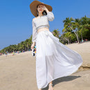 Lantern Sleeve Slim Chiffon Two-piece Dress Seaside Vacation Travel Beach Skirt (Color:White Size:S)